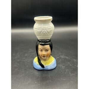 Vintage Ceramic Bud Vase Native Woman with Jar on Head 4" Tall Japan